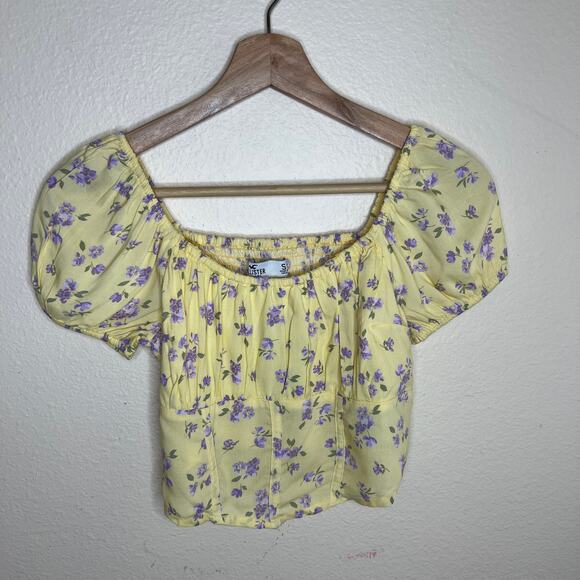Hollister Yellow, Purple Flowers Off the Shoulders Crop Top Small - Picture 1 of 5
